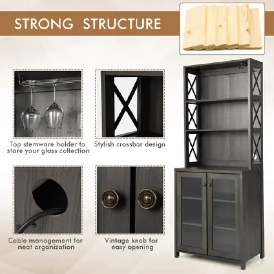 Costway Tall Freestanding Bar Cabinet Kitchen Buffet w/ Glass Holder & Adjustable Shelf image {8}