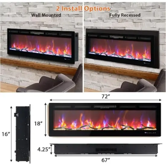 Acekool 72" Smart Electric Fireplace, WiFi/Remote Control, 1500W/750W Heater, 12 Flame Colors, Wall Mount or Recessed image {5}