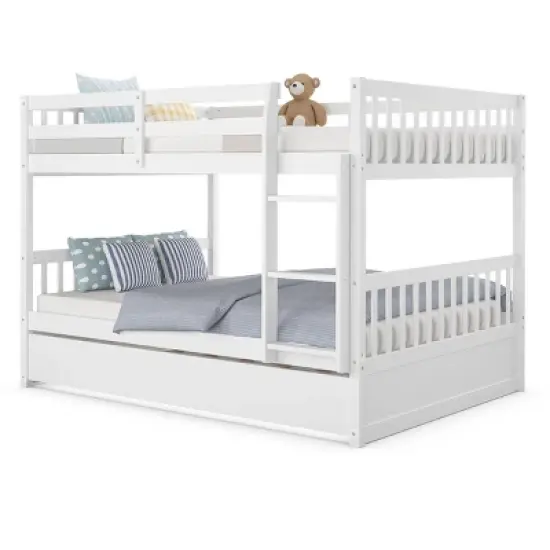 Costway Full over Full Bunk Bed Platform Wood Bed w/ Trundle & Ladder Rail Brown/White image {8}