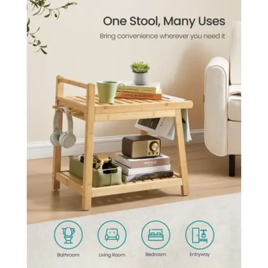 SONGMICS Bamboo Shower Bench with Storage Shelf, Water Resistant Shower Stool with Handle and Hooks, Shower Head Holder, Non-Slip Feet, Natural Beige image {3}