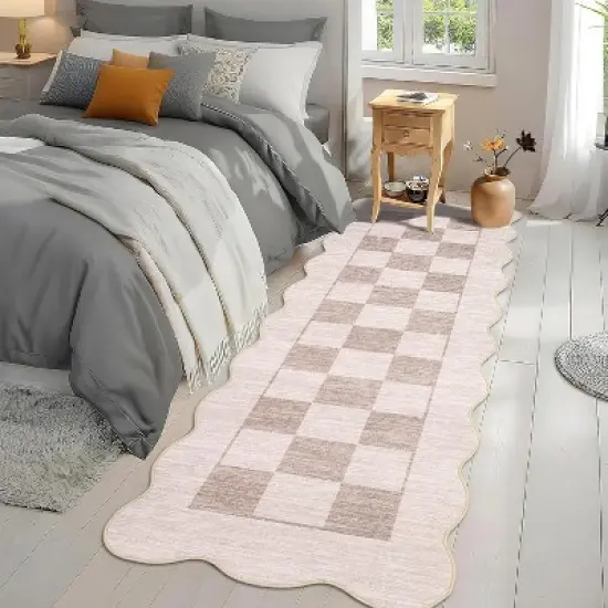 Checkered Rug Washable Rug for Living Room Non Slip Indoor Scalloped Printed Carpet Low Pile Neutral Rugs Soft Floor Cover for Bedroom Nursery image {3}