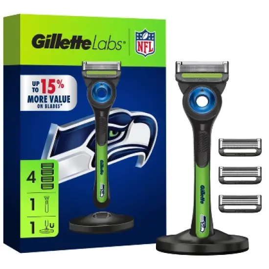 Gillette Labs Men's Special NFL Seahawks Edition Shaving Razor with 4 Refills and Magnetic Stand image {11}