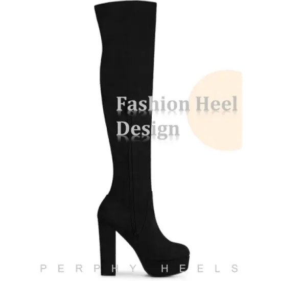 Perphy Women's Platform Chunky Heel Round Toe Over the Knee Thigh High Boot image {3}