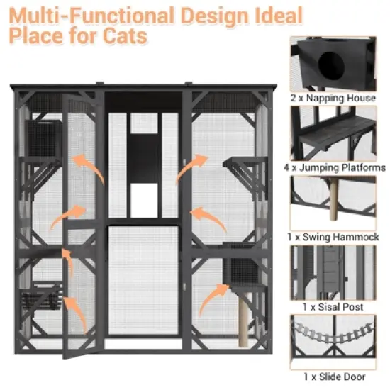 70" Large Wooden Cat Cage with Roof, Multi-Level Cat House with 4 Platforms, Hammock & Scratching Post image {4}