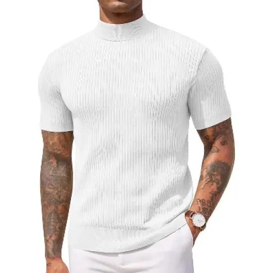 COOFANDY Men's Mock Turtleneck Sweater Short Sleeve Casual Basic Tops Ribbed Knit Pullover Solid Tee image {3}
