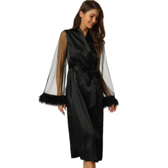 cheibear Women's Satin Robe Feather Trim Bridesmaid Bathrobe Mesh Long Sleeve Bridal Party Sleepwear image {5}