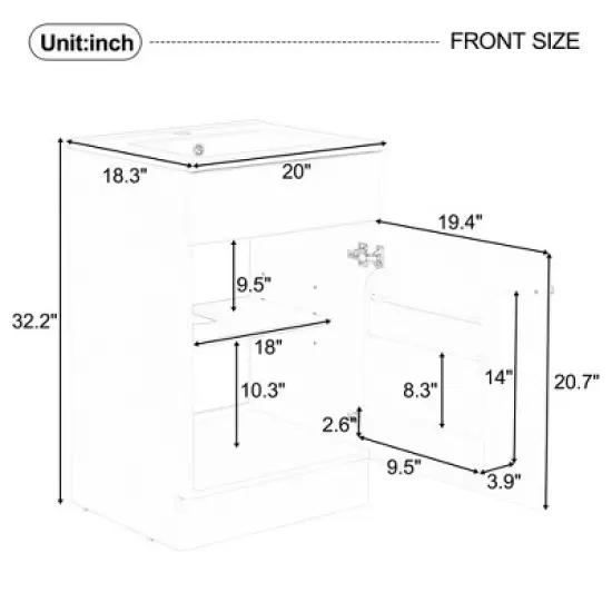 20"W Bathroom Vanity with Ceramic Sink, Bathroom Cabinet with Storage Rack, Adjustable Shelf and Soft Closing Door-Christopher Knight Home image {6}