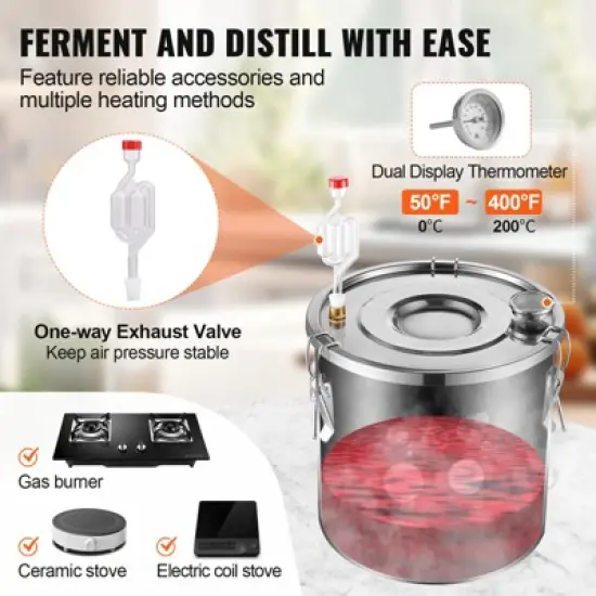 VEVOR Alcohol Still, 5 Gal / 19 L Stainless Steel Water Alcohol Distiller with Copper Coil for Fast Cooling, Dual Condenser Distiller Kit, Silver image {3}