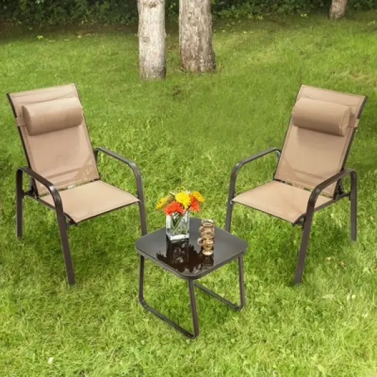 Costway 3PCS Patio Bistro Furniture Set Adjustable Back Stackable Chairs Brown\Black image {11}