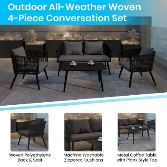 Emma and Oliver Black & Gray Woven All-Weather Four-Piece Conversation Set with Cushions & Metal Coffee Table for Porch, Backyard and Patio image {8}