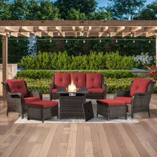 6 Pieces Outdoor Patio Furniture Set with Fire Pit Table, PE Resin All Weather Wicker Patio Propane Fire Pit Set with Patio Couch, Club Chairs in Red image {16}