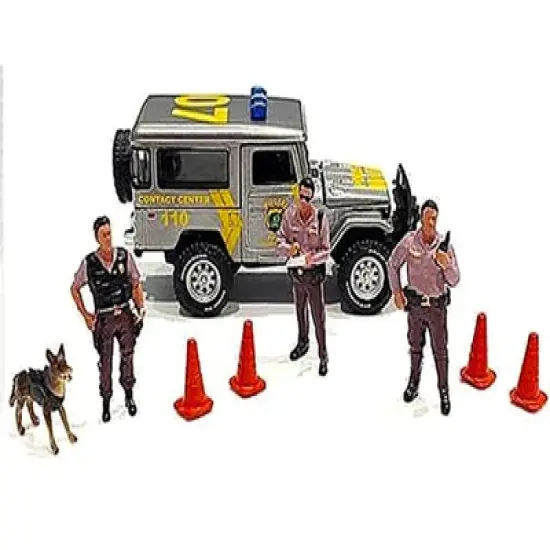 "Police" 8 piece Diecast Set (3 Figurines, 1 Dog and 4 Accessories) for 1/64 Scale Models by American Diorama image {1}