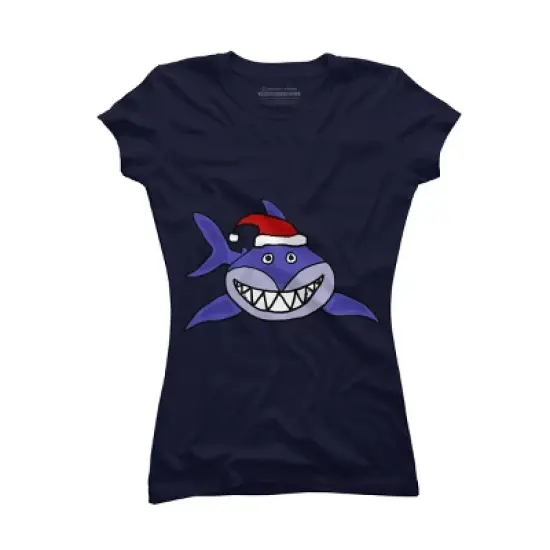 Junior's Design By Humans Funny Christmas Shark in Santa Hat By SmileToday T-Shirt image {5}