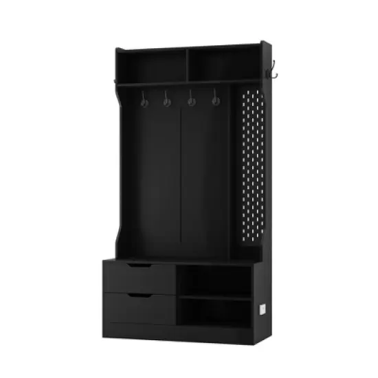 TIRAMISUBEST Hall Tree with 6 Hooks - Black Entryway Organizer with Storage image {12}