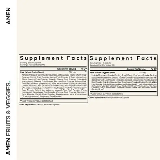 Amen Fruits + Veggies Vitamins Bundle, Raw Whole Fruits & Greens Vegetables Multivitamin - 180ct image {2}