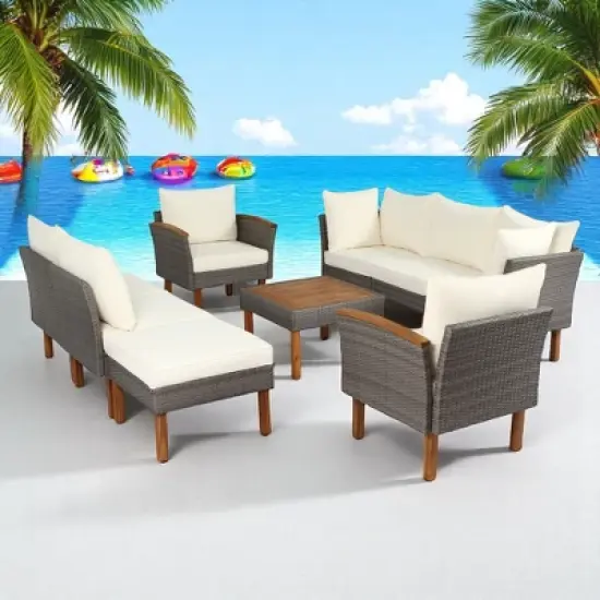 9-Piece Outdoor Patio Furniture Set with PE Wicker, Acacia Wood, Removable Cushions & Pillows, Multi-Functional Modular Sofa image {10}