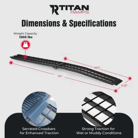 Titan Ramps 2 Pack 8 Foot Folding ATV Loading Ramps, Arched Aluminum Design, Portable and Heavy Duty with 1,200 Pound Weight Capacity, Black image {2}