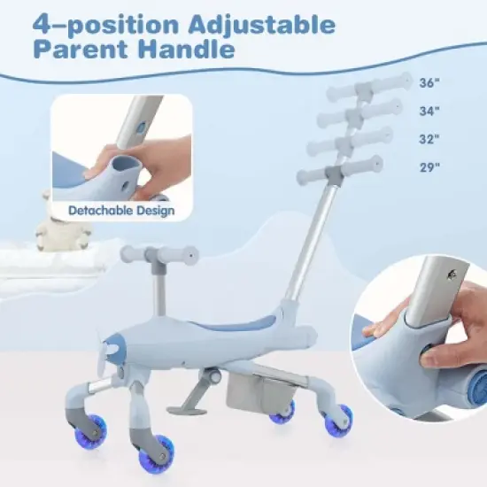 Costway 2-in-1 Kids Ride-on Push Car with LED Lighted Wheels Removable & Adjustable Handle Pink/Blue image {4}