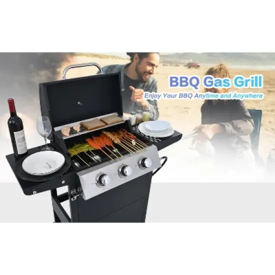 3-Burner Propane Gas Grill with Stainless Steel Lid, Dual Side Shelves, Built-In Thermometer, Wheels & Bottle Opener, 26,000 BTU Outdoor BBQ image {7}