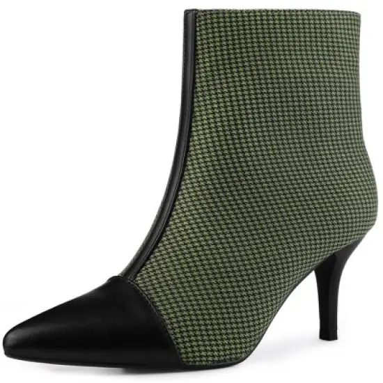 Allegra K Women's Plaid Pointed Toe Houndstooth Stiletto Heels Ankle Boots image {7}