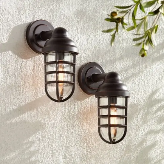 John Timberland Marlowe Industrial Outdoor Wall Light Fixtures Set of 2 Bronze Metal Cage 13 1/4" Clear Glass for Post Exterior Barn Deck House Porch image {1}