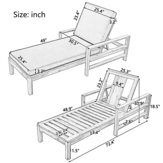 Outdoor Patio Acacia Wood Daybed Lounge Chair with Adjustable Backrest image {12}