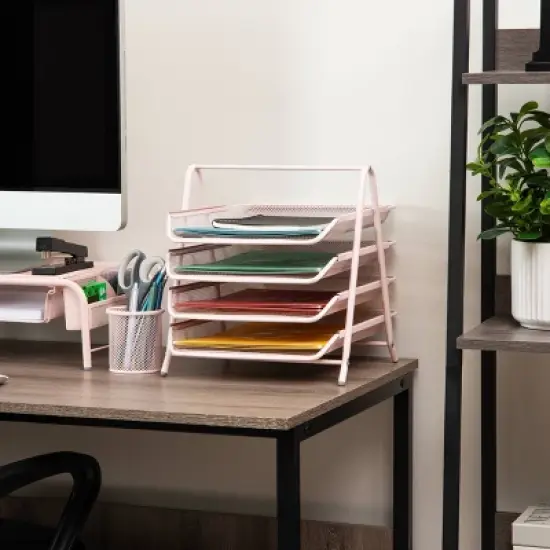 Mind Reader 4-Tier Paper Tray Desktop Organizer Metal Mesh Pink image {1}