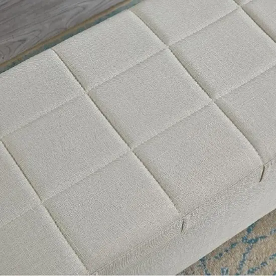 Entryway Bench Upholstered Storage Rectangular Bench, Bedroom Bed End Bench Bed Foot, Entryway Bench Light Beige Linen Fabric Plaid White image {6}
