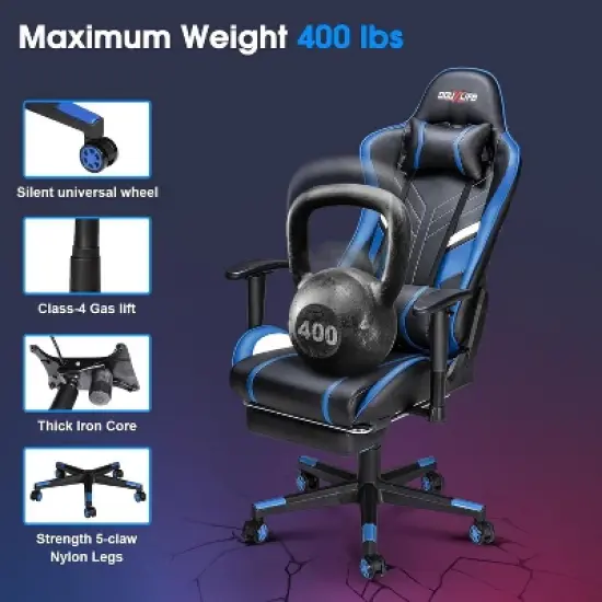 Douxlife Modern 7-Point Massage Ergonomic Gaming Chair with Footrest & Adjustable Armrests Black Blue image {1}