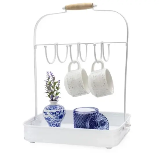 AuldHome Design White Enamelware Coffee Mug Rack; Countertop Style Rustic Distressed Cup Hanging Stand w/ Tray image {1}