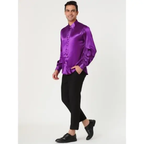 Lars Amadeus Men's Dress Satin V Neck Long Sleeves Button Down Slim Fit Prom Party Shirts image {3}
