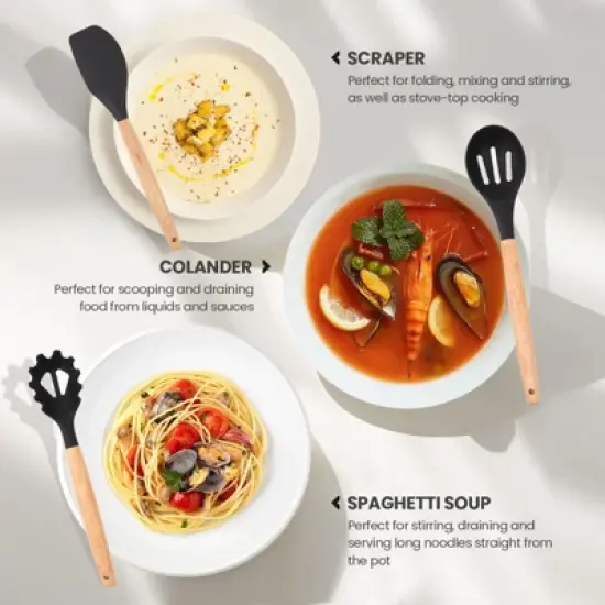 Itopfox 34-Piece Silicone Cooking Utensil Set with Wooden Handles Heat Resistant Kitchen Tools for Nonstick Cookware Includes Spatulas, Spoons, Tongs image {5}
