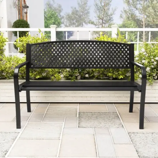 Costway 50 Inches Garden Bench Outdoor Bench with Patterned Backrest and Curved Armrests image {10}