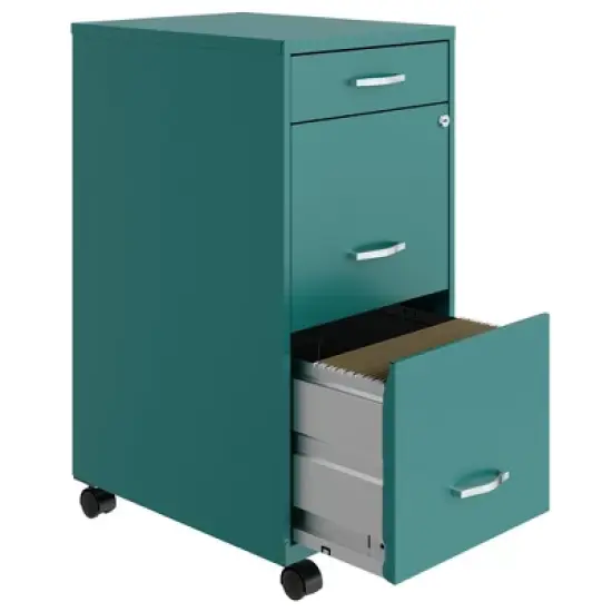 Space Solutions 18 Inch Wide Metal Mobile Organizer File Cabinet for Office Supplies and Hanging File Folders w/ Pencil Drawer & 3 File Drawers, Teal image {3}