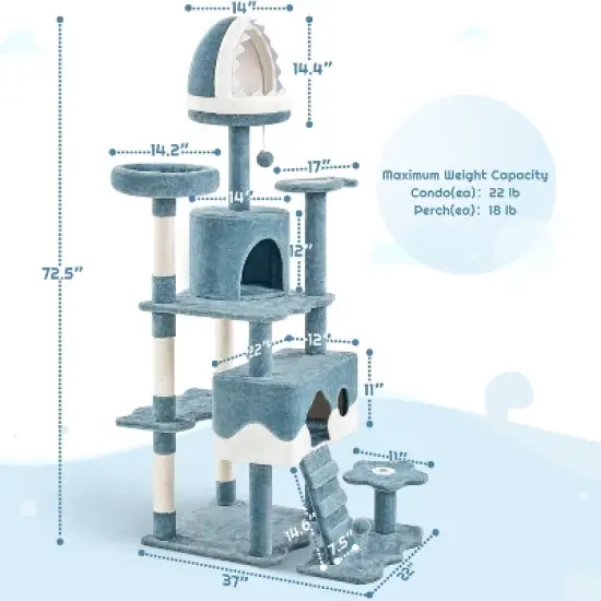 Yaheetech 72.5"H Ocean-themed Cat Tree for Indoor Cats, Blue image {2}