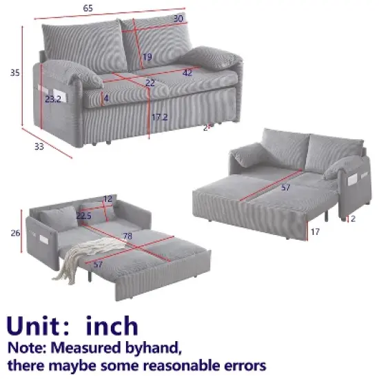 VASIP 64" 3-in-1 Beige Corduroy Sleeper Sofa Bed- Adjustable Pullout Bed with 2 Pillows and Side Pockets,for Living Room，Apartment，Office，Bedroom image {7}