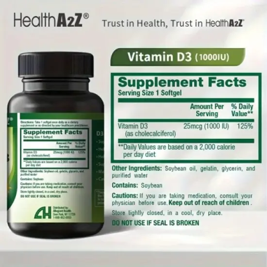 HealthA2Z - Vitamin D3 25 mcg (1000 IU) Softgels - 90 Count image {1}