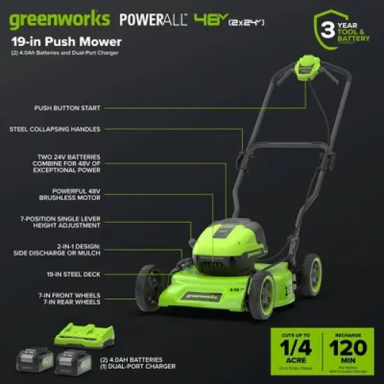 Greenworks Powerall 2x24V 19" Brushless Push Mower with (2) 4.0Ah Batteries and Charger image {2}