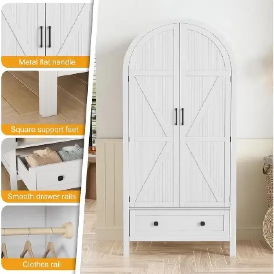 PAKASEPT 70.9&lsquo;&rsquo; Arched Wooden Armoire Wardrobe Closet with Drawers and Fluted Doors, with Light & Shelves and Hanging Rod, White image {3}
