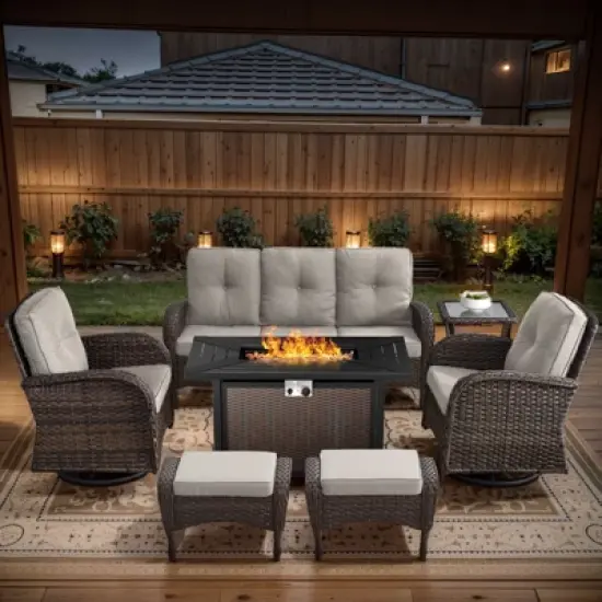 POCASSY 7 Piece Outdoor Patio Furniture Set with Fire Pit Table, Brown Rattan Wicker Modern Patio Furniture Set with Propane Fire Pit image {15}