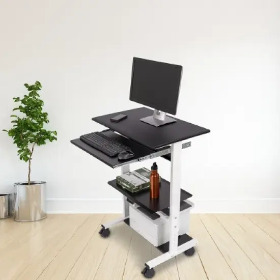 Stand Up Desk Store Mobile Rolling Adjustable Height Standing Workstation with Printer Shelf and Slideout Keyboard Tray image {1}