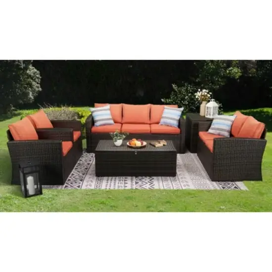 6pc Wicker Outdoor Conversation Set - Orange - EDYO LIVING image {1}