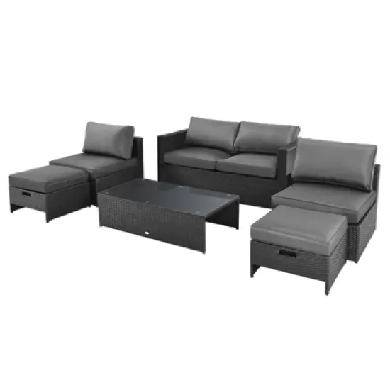 Tangkula 6PCS Patio Rattan Furniture Set Outdoor All Weather Wicker Conversation Set w/Cushioned Ottoman & Coffee Table image {4}