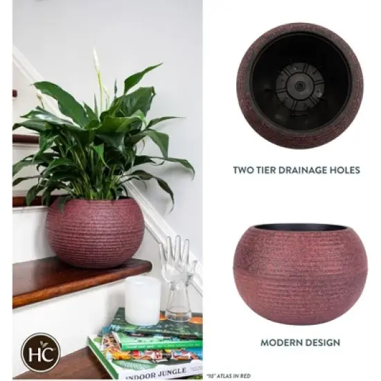 The HC Companies 10 Inch Atlas Sphere Planter with Drainage Hole, Indoor or Outdoor Use, Decorative Round Plastic Plant Pot for Herbs or Flowers, Red image {4}