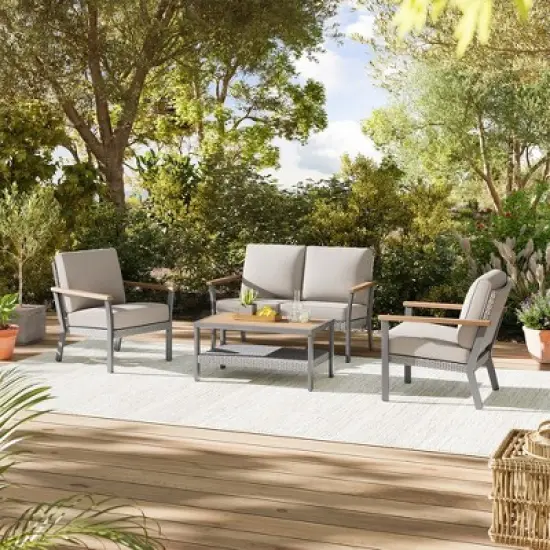 SONGMICS HOME Sencillo Collection - Loveseat, 2-Seat Sofa, Lounge Chair, Patio Seat, with Faux Wood Armrests,Gray and Beige image {9}