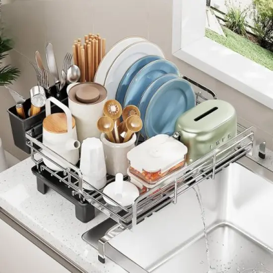 Carbon Steel Kitchen Dish Rack Household Cutlery Storage Rack Drain Basket Multifunctional Retractable Under Sink Dish Rack image {1}