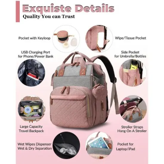 Itopfox Waterproof 3-in-1 Baby Diaper Backpack with Foldable Changing Pad, Large Capacity, USB Port, Pink-Grey image {5}