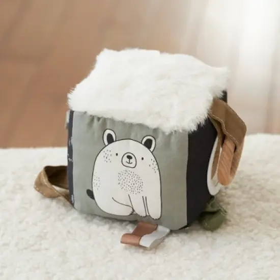 Soft Toy Block with Wooden Ring for Babies 0-6 Months &ndash; High Contrast Sensory Cube & Teether with Tummy Time Mirror for Newborn Development image {6}