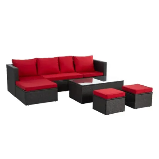Syemin 7PCS Patio Seating Rattan Furniture Set Sectional Sofa Cushioned Garden, Tempered Glass Table, Red, 98.4"*28.3"*26.7" image {5}