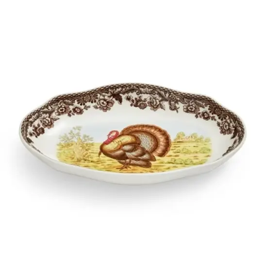 Spode Woodland Turkey Pickle Dish &ndash; 8.5 Inch Porcelain Serving Dish &ndash; Microwave, Oven, Freezer & Dishwasher Safe, Rustic Thanksgiving Serveware image {1}